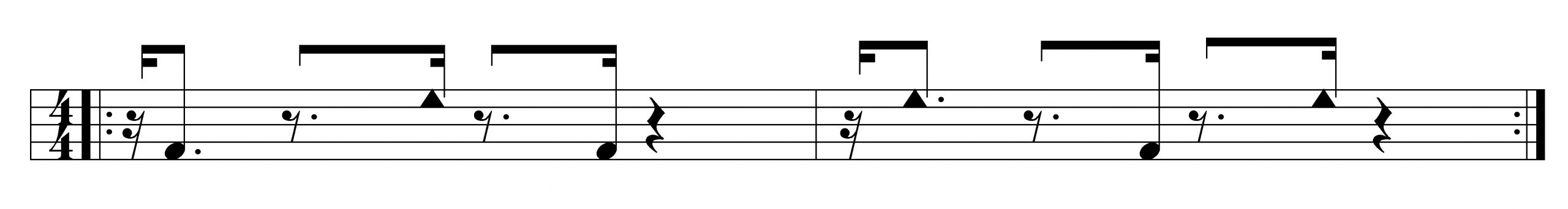 редкая форма базового квинто в стиле Матансас для ямбу и гуагуанко. Первый такт - тон-шлеп-тон, а второй - наоборот: шлеп-тон-шлеп. Обычные нотные головки обозначают открытые тона, а треугольные - шлепки.