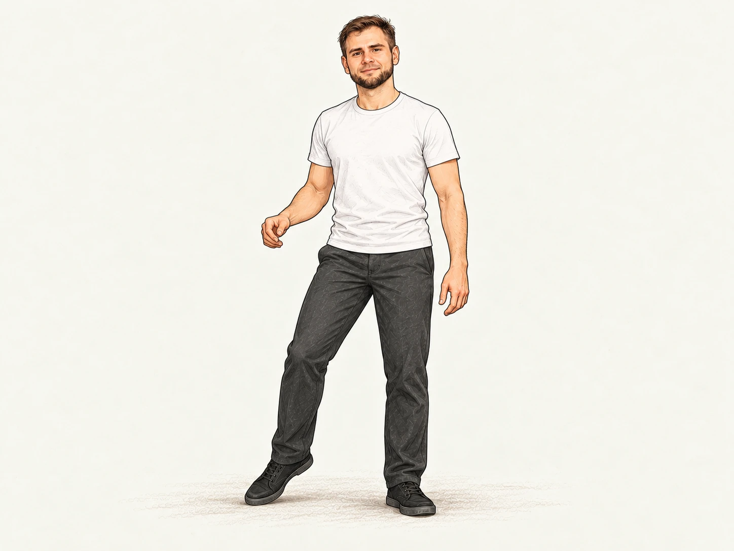 Аватар MyDanceLife: опора на собственной левой ноге, правая стопа легко касается пола; тап не меняет опору.